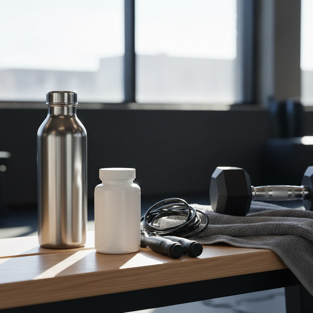 White magnesium bottle on a gym bench with a water bottle, jump rope, towel, and dumbbell